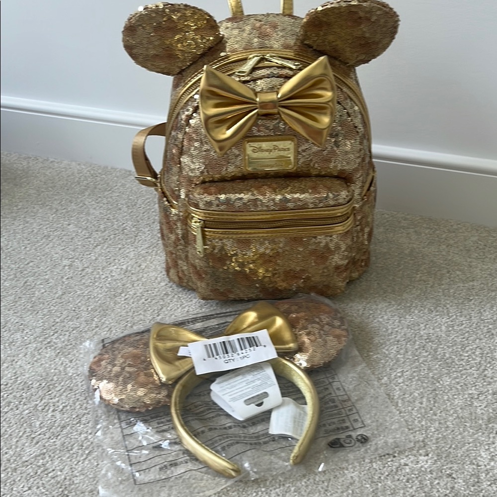 NWT Disney Gold Sequin Backpack and Headband Set